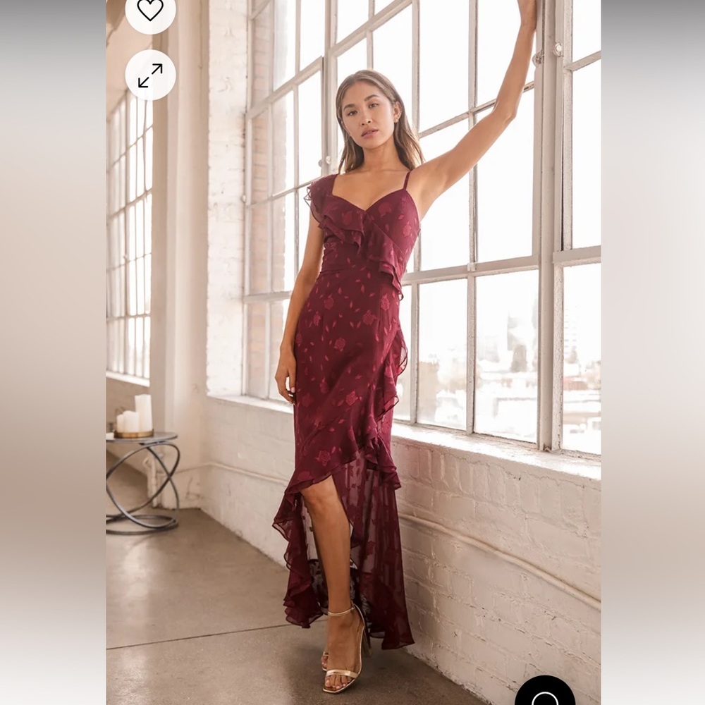 Lulus Forever Be Burgundy Floral Jacquard Ruffled Maxi Dress